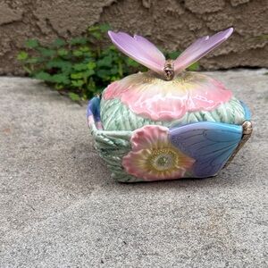 Floral Ceramic Musical Trinket Box with Butterfly Lid